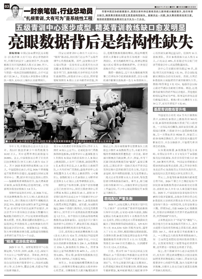 中国足协五级青训体系启动 精英教练缺口引关注
